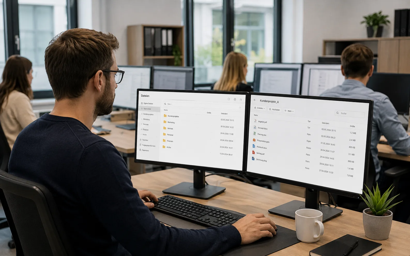 Mitarbeitende greifen in einem modernen Büro auf eine zentrale gemeinsame Dateiablage zu