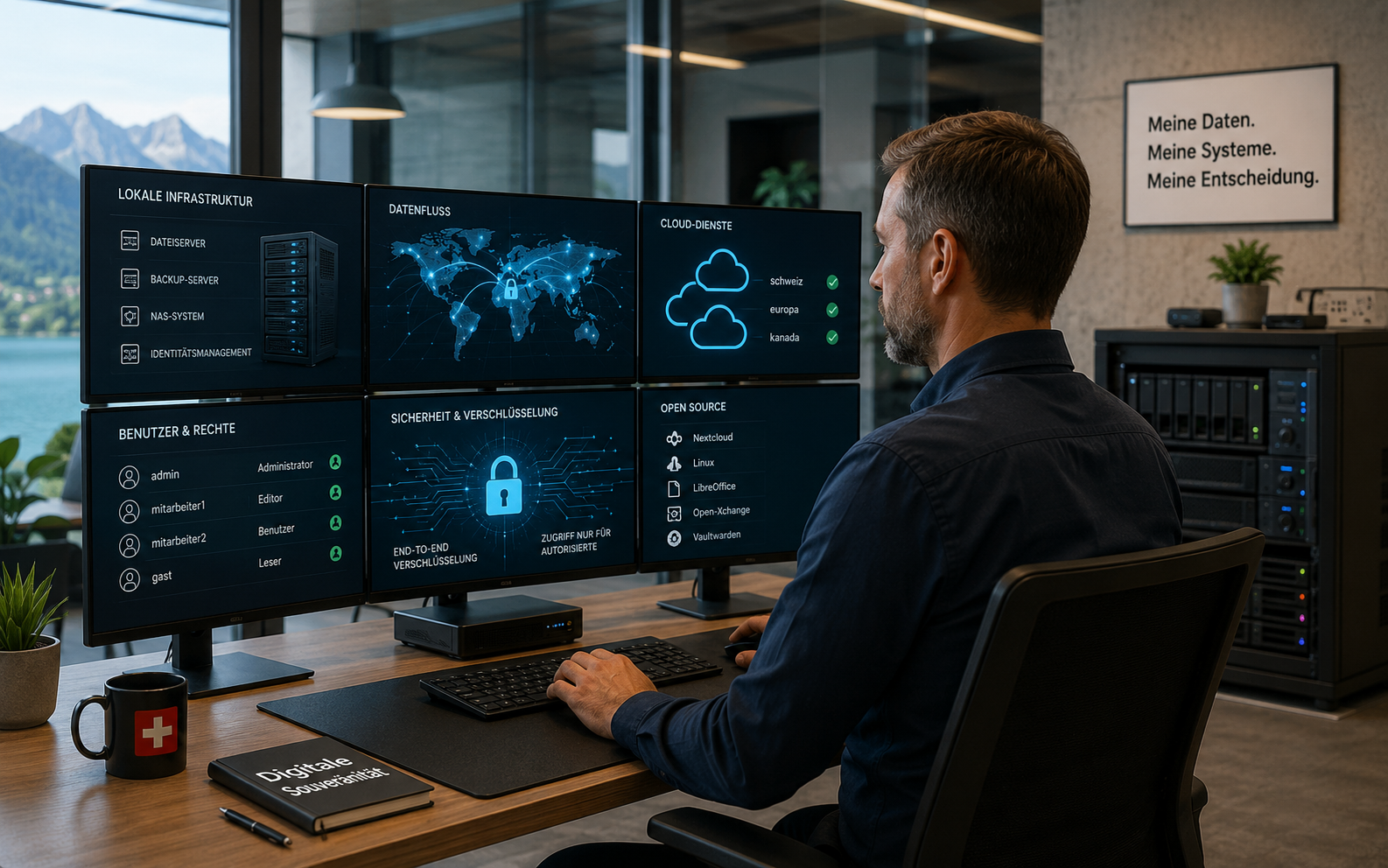 Verantwortliche Person in einem modernen Schweizer KMU-Büro vor mehreren Bildschirmen mit Darstellungen zu lokaler Infrastruktur, Cloud-Diensten, Benutzerrechten, Verschlüsselung und Datenflüssen; im Hintergrund ist ein eigener Server beziehungsweise ein NAS-System zu sehen.