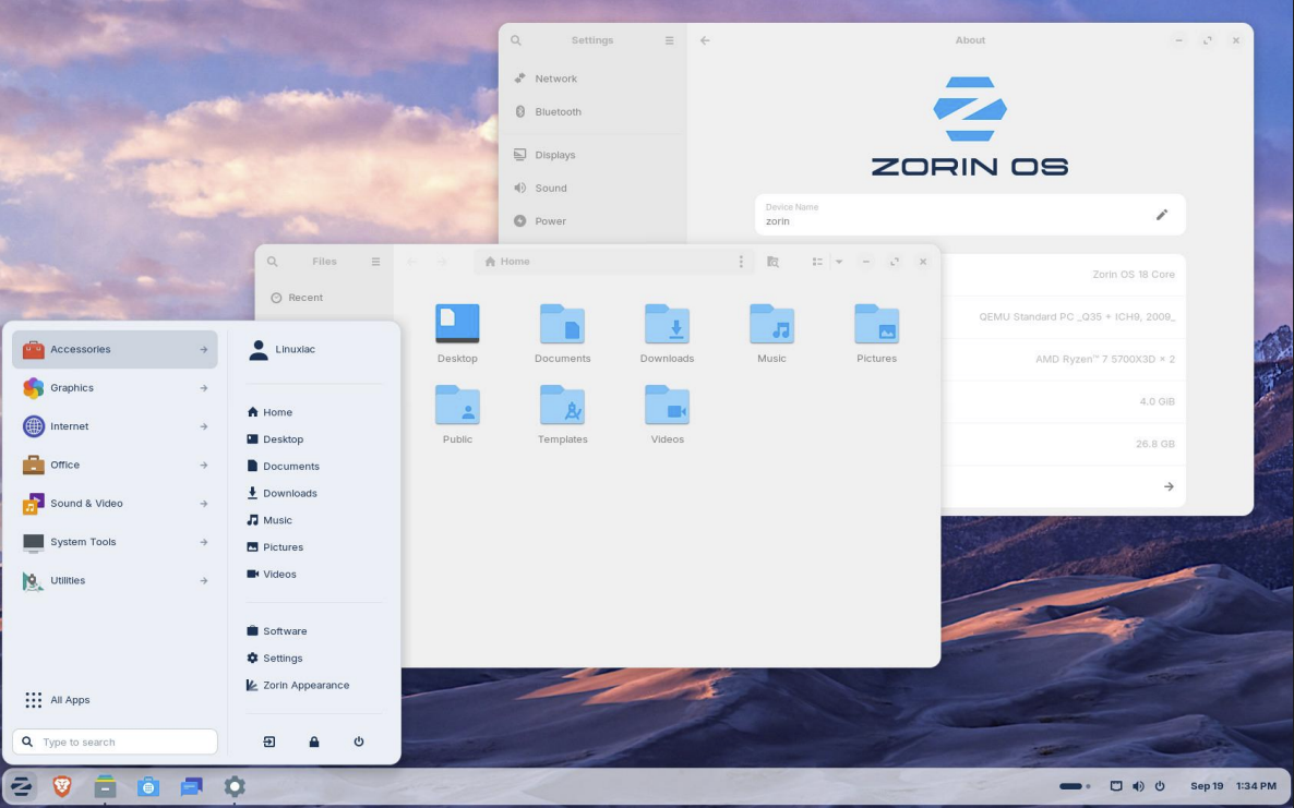 Zorin OS Desktop mit geöffnetem Dateimanager und Einstellungen.